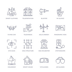 set of 16 thin linear icons such as ar glasses, vr glasses, smart house, hologram, stethoscope, egg incubator, dna structure from future technology collection on white background, outline sign icons