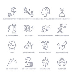 set of 16 thin linear icons such as autopilot, beauty care, big data scientist, bio technology, bioengineering, biomass energy, biotechnology from general collection on white background, outline