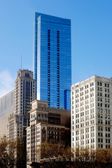 Chicago architecture with new buildings mixed with old buildings. 