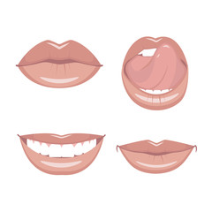 Set of vector lips. Various types of woman lips. Broad smile with teeth, slight smile and tongue touches the upper teeth.