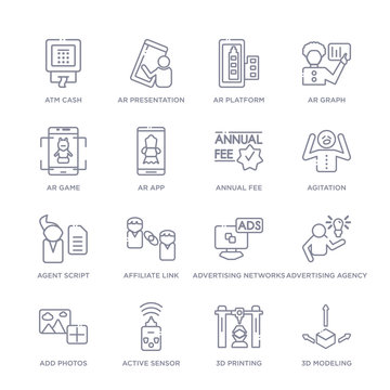set of 16 thin linear icons such as 3d modeling, 3d printing, active sensor, add photos, advertising agency, advertising networks, affiliate link from general collection on white background, outline