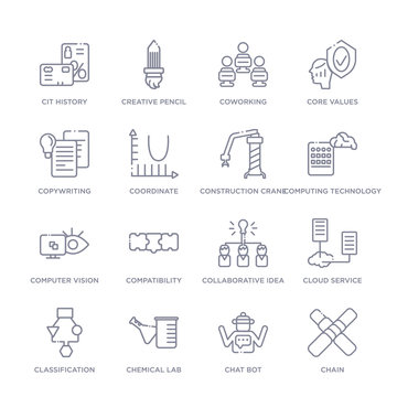set of 16 thin linear icons such as chain, chat bot, chemical lab, classification, cloud service, collaborative idea, compatibility from general collection on white background, outline sign icons or