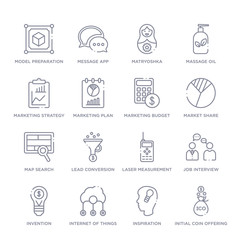 set of 16 thin linear icons such as initial coin offering, inspiration, internet of things, invention, job interview, laser measurement, lead conversion from general collection on white background,