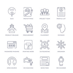 set of 16 thin linear icons such as mri scanner, news feed, on coaching, open source, organism, outsourcing, painting work from general collection on white background, outline sign icons or symbols