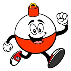 Fishing Bobber Mascot Running - A vector cartoon illustration of a red and white Fishing Bobber mascot running.
