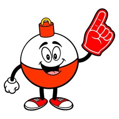 Fishing Bobber Mascot with a Foam Finger - A vector cartoon illustration of a red and white Fishing Bobber mascot with a Foam Hand.