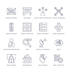 set of 16 thin linear icons such as real time data, realization, referendum, road tunnel, saas, satellite antenna, sem from general collection on white background, outline sign icons or symbols