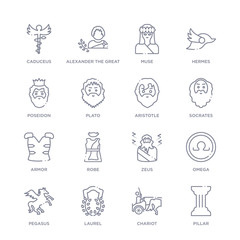 set of 16 thin linear icons such as pillar, chariot, laurel, pegasus, omega, zeus, robe from greece collection on white background, outline sign icons or symbols - obrazy, fototapety, plakaty