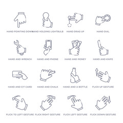 set of 16 thin linear icons such as flick down gesture, flick left gesture, flick right gesture, to left up hand and a bottle, hand and chalk from hands and guestures collection on white background,