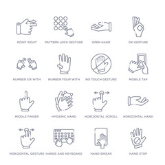 set of 16 thin linear icons such as hand stop, hand swear, hands and keyboard, horizontal gesture, horizontal hand, horizontal scroll gesture, hygienic hand from hands and guestures collection on