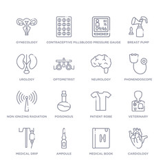 set of 16 thin linear icons such as cardiology, medical book, ampoule, medical drip, veterinary, patient robe, poisonous from health and medical collection on white background, outline sign icons or