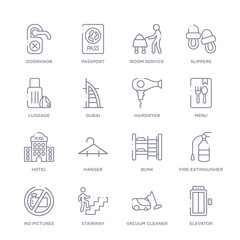 set of 16 thin linear icons such as elevator, vacuum cleaner, stairway, no pictures, fire extinguisher, bunk, hanger from hotel collection on white background, outline sign icons or symbols