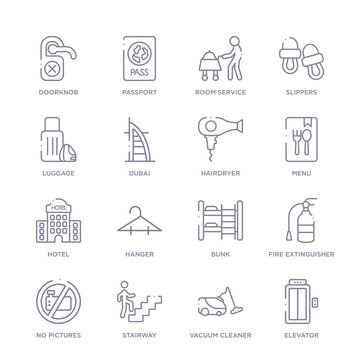 set of 16 thin linear icons such as elevator, vacuum cleaner, stairway, no pictures, fire extinguisher, bunk, hanger from hotel collection on white background, outline sign icons or symbols