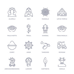 set of 16 thin linear icons such as varaja, kartikeya, lakshmi, ardhanareeswara, ricksaw, tandoori, anise from india collection on white background, outline sign icons or symbols