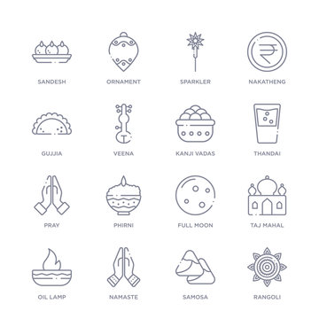 set of 16 thin linear icons such as rangoli, samosa, namaste, oil lamp, taj mahal, full moon, phirni from india and holi collection on white background, outline sign icons or symbols