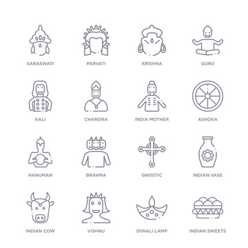 set of 16 thin linear icons such as indian sweets, diwali lamp, vishnu, indian cow, indian vase, gnostic, brahma from india collection on white background, outline sign icons or symbols