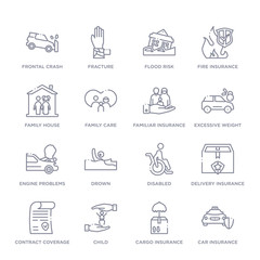 set of 16 thin linear icons such as car insurance, cargo insurance, child, contract coverage, delivery insurance, disabled, drown from insurance collection on white background, outline sign icons or