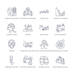 Obraz na płótnie Canvas set of 16 thin linear icons such as overturned vehicle, parking crash, payment protection, problem electric, puncture in a wheel, real estate insurance, rear end collision from insurance collection