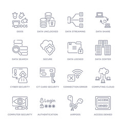 set of 16 thin linear icons such as access denied, airpods, authentication, computer security, computing cloud, connection error, cit card security from internet security and collection on white