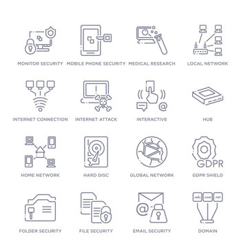 set of 16 thin linear icons such as domain, email security, file security, folder security, gdpr shield, global network, hard disc from internet security and collection on white background, outline