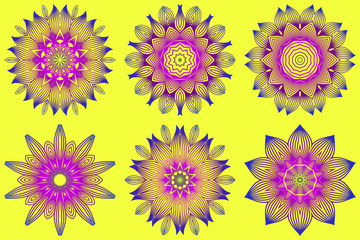 Set of Ornamental Circle Pattern. Sacred Oriental Mandala. Color Floral Ornament. Vector Illustration. For Coloring Book, Greeting Card, Invitation, Tattoo. Yellow purple color