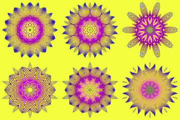 Fototapeta na wymiar Set of Vector With Mandala Pattern. Repeating Sample Figure And Line. Modern Decorative Floral Color Mandala. Yellow purple color