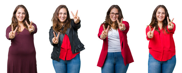 Collage of beautiful plus size business woman over isolated background smiling looking to the camera showing fingers doing victory sign. Number two.