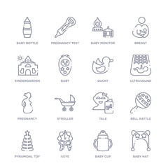 set of 16 thin linear icons such as baby hat, baby cup, keys, pyramidal toy, bell rattle, tale, stroller from kid and baby collection on white background, outline sign icons or symbols