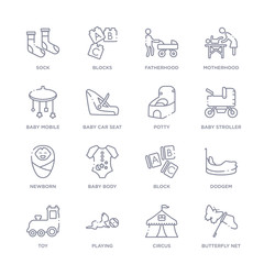 set of 16 thin linear icons such as butterfly net, circus, playing, toy, dodgem, block, baby body from kids and baby collection on white background, outline sign icons or symbols