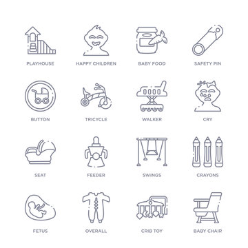 set of 16 thin linear icons such as baby chair, crib toy, overall, fetus, crayons, swings, feeder from kid and baby collection on white background, outline sign icons or symbols
