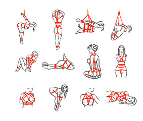 Line art bdsm shibari bondage fetish females with red rope vector illustration isolated on white background - obrazy, fototapety, plakaty