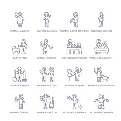 Fototapeta premium set of 16 thin linear icons such as astronaut woman, accounter woman, woman make up, woman chemist, woman veterinarian, sewing woman, women meeting from ladies collection on white background,