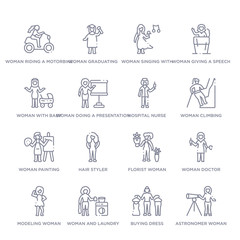 set of 16 thin linear icons such as astronomer woman, buying dress, woman and laundry, modeling woman, woman doctor, florist woman, hair styler from ladies collection on white background, outline