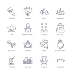set of 16 thin linear icons such as limousine, throne, cottage, vip pass, diamond ring, gems, crown from luxury collection on white background, outline sign icons or symbols