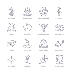 set of 16 thin linear icons such as crystal ball, magic, juggler, hypnosis, magic lamp, magic book, witch hat from magic collection on white background, outline sign icons or symbols