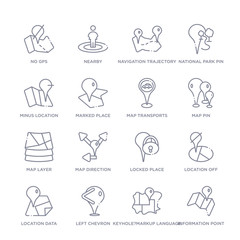 set of 16 thin linear icons such as information point pin, keyhole?markup language, left chevron, location data, location off, locked place, map direction from maps and locations collection on white