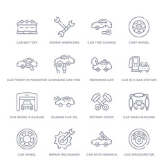 set of 16 thin linear icons such as car speedometer, car with wrench, repair mechanism, car wheel, wash machine, pistons cross, change oil from mechanicons collection on white background, outline