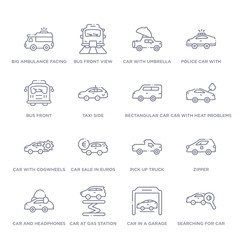 set of 16 thin linear icons such as searching for car, car in a garage, car at gas station, car and headphones, zipper, pick up truck, sale in euros from mechanicons collection on white background,