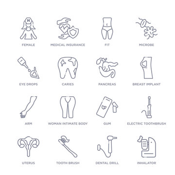 set of 16 thin linear icons such as inhalator, dental drill, tooth brush, uterus, electric toothbrush, gum, woman intimate body part from medical collection on white background, outline sign icons