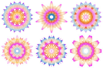 Set of Design With Floral Mandala Ornament. Vector Illustration. For Coloring Book, Greeting Card, Invitation, Tattoo. Anti-Stress Therapy Pattern. Rainbow color