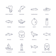 set of 16 thin linear icons such as skull and bones, shark, lighthouse, sailboat, fish, seagull, pearl from nautical collection on white background, outline sign icons or symbols