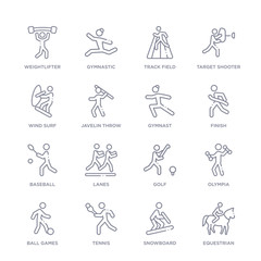 set of 16 thin linear icons such as equestrian, snowboard, tennis, ball games, olympia, golf, lanes from olympic games collection on white background, outline sign icons or symbols