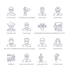 set of 16 thin linear icons such as acting class, airplane pilot, bald man face with beard and sunglasses, barman, bishop face, boy face, boy face with glasses from people collection on white