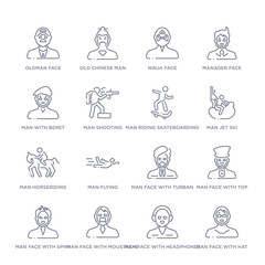 set of 16 thin linear icons such as man face with hat and sunglasses, man face with headphones, man face with moustache, spiky hair, top hat, turban and beard, flying from people collection on white