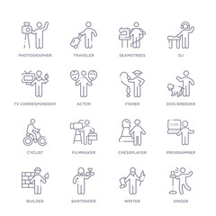 set of 16 thin linear icons such as singer, writer, bartender, builder, programmer, chessplayer, filmmaker from people skills collection on white background, outline sign icons or symbols