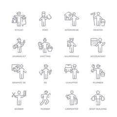 Fototapeta premium zestaw 16 cienkich liniowych ikon, takich jak kulturystyka, stolarz, biegacz, fryzjer, hydraulik, szofer, de z kolekcji umiejętności ludzi na białym tle, ikony lub symbole konturu znaku