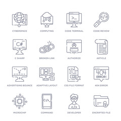 set of 16 thin linear icons such as encripted file, developer, command, microchip, 404 error, css file format, adaptive layout from programming collection on white background, outline sign icons or