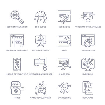set of 16 thin linear icons such as duplicate, engineering, game development, html5, hyperlink, image seo, keyboard and mouse from programming collection on white background, outline sign icons or