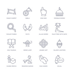 set of 16 thin linear icons such as halal, dua hands, reading quran, kaaba mecca, islamic lantern, arabic art, genie lamp from religion collection on white background, outline sign icons or symbols