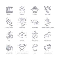 set of 16 thin linear icons such as burning bush, ohr, laver of washing, gefilte fish, sufganiyah, meditation, lotus from religion collection on white background, outline sign icons or symbols